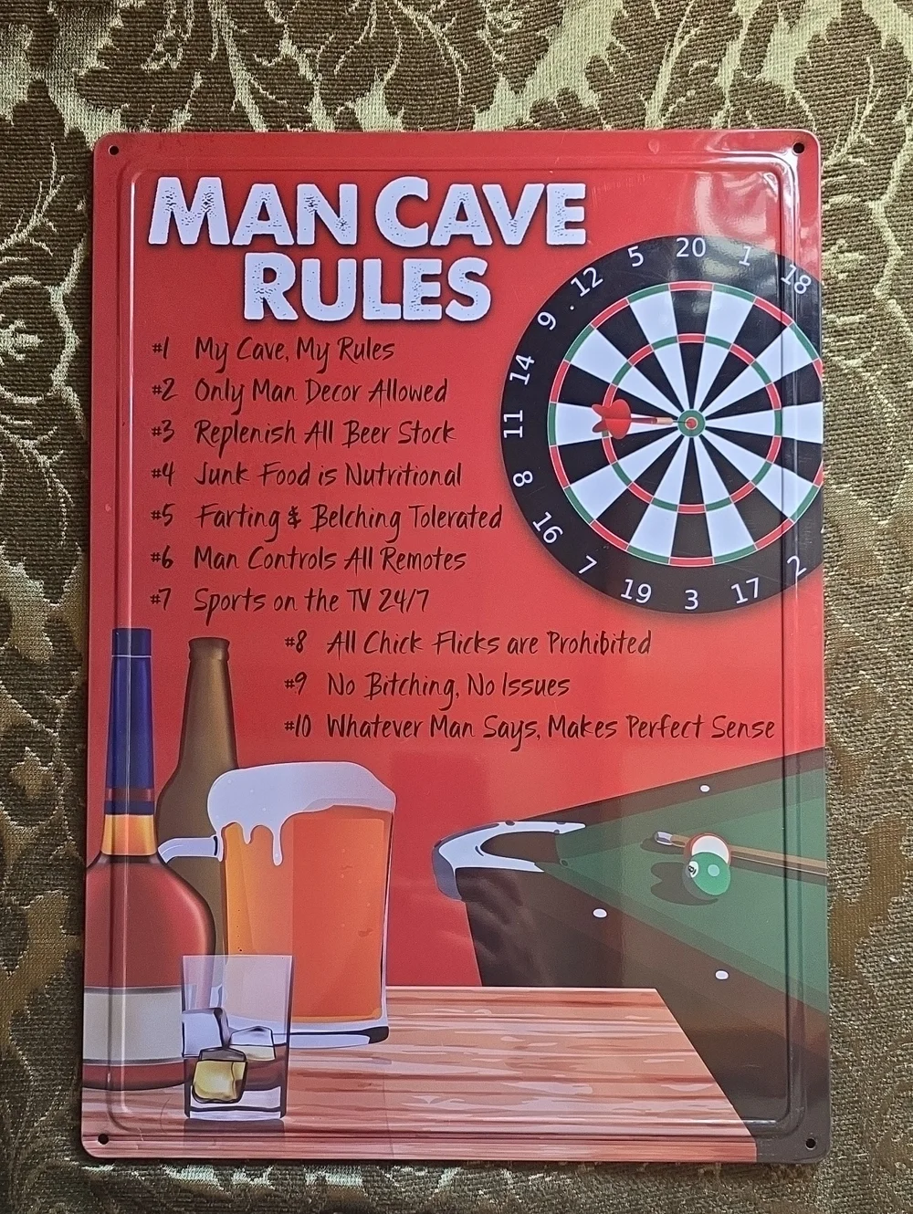 Man Cave Rules Metal Sign - Red